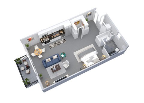 Studio 1 Bath 750 square feet floor plan The Mayan 3d furnished